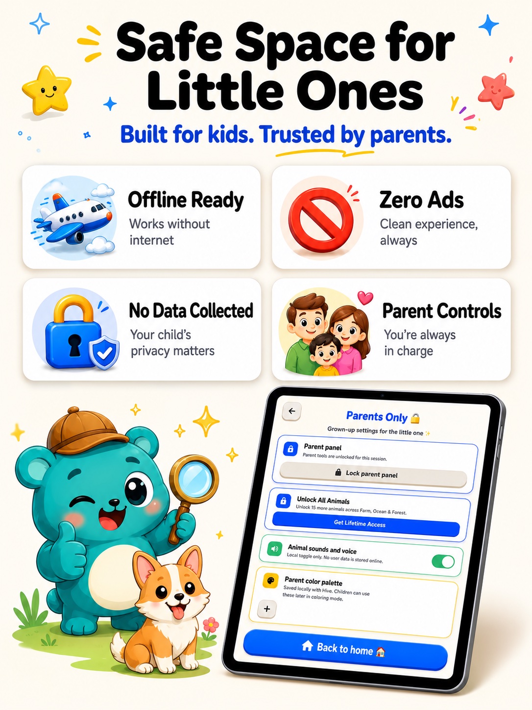 Zumi parent controls showing offline play, zero ads, no data collection, and protected settings.